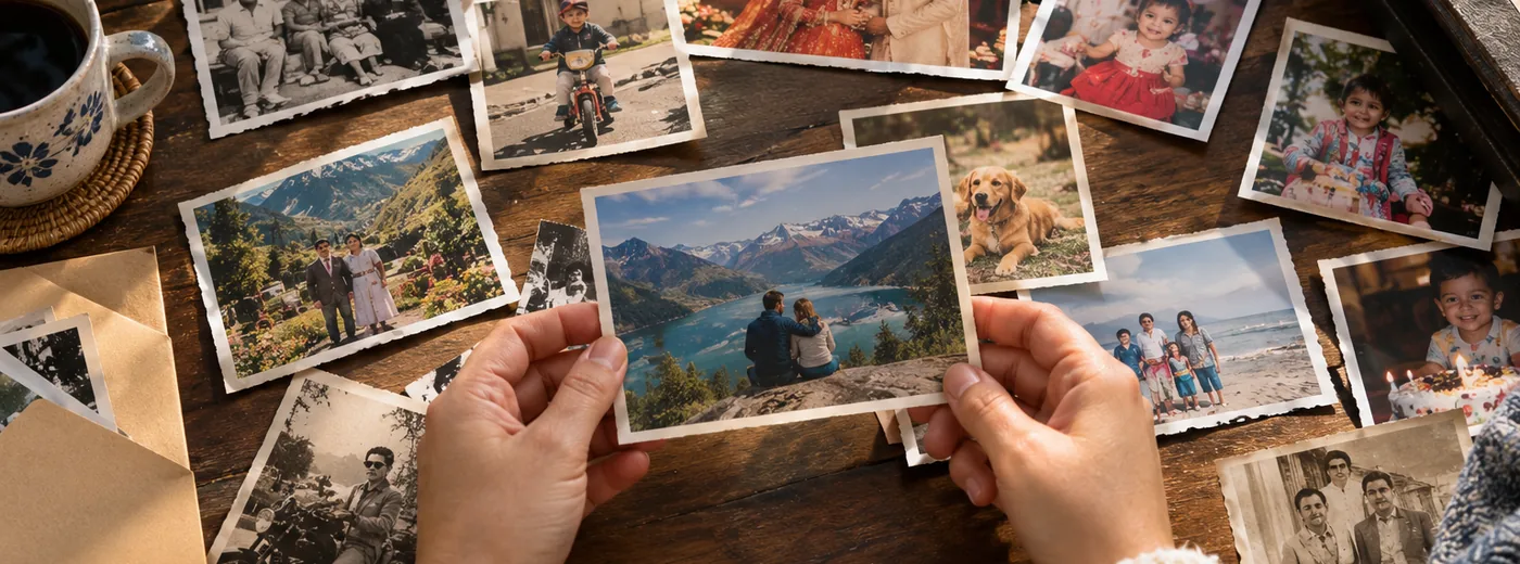 Hands holding a printed photo above a table covered with old and new family photographs