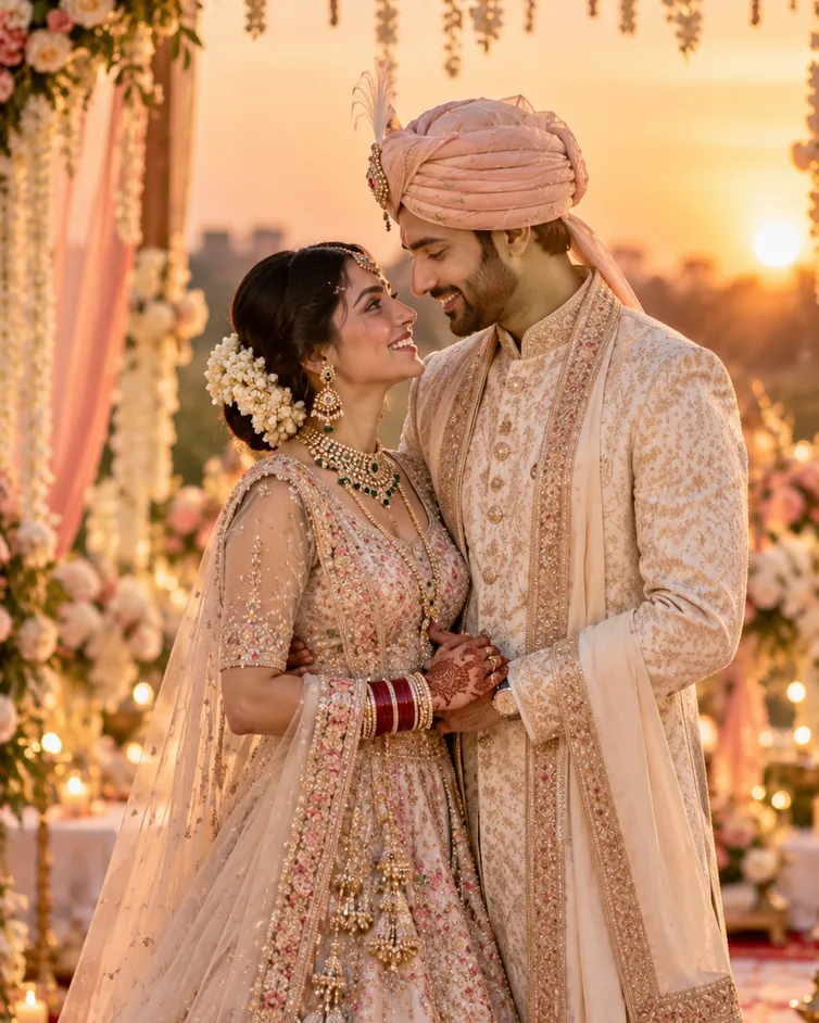 A newly married couple smiling at each other at sunset, in a framed photo