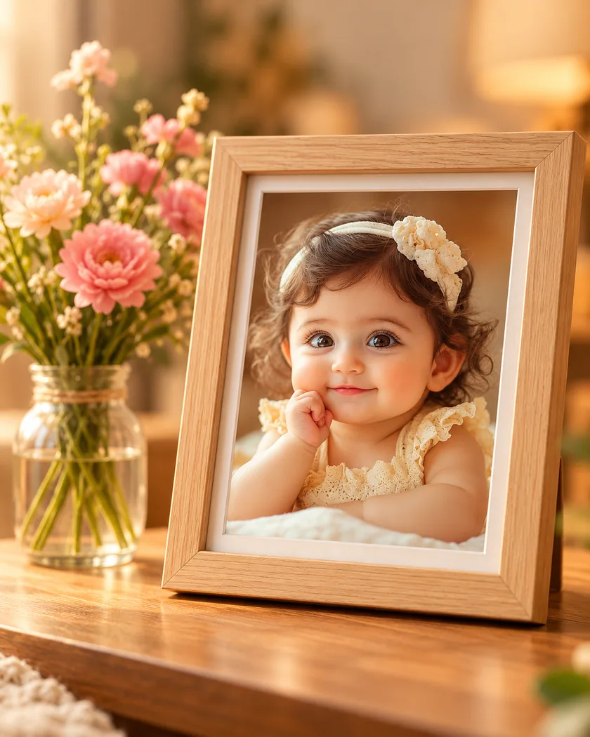A baby’s photo in a light wooden frame beside a vase of flowers
